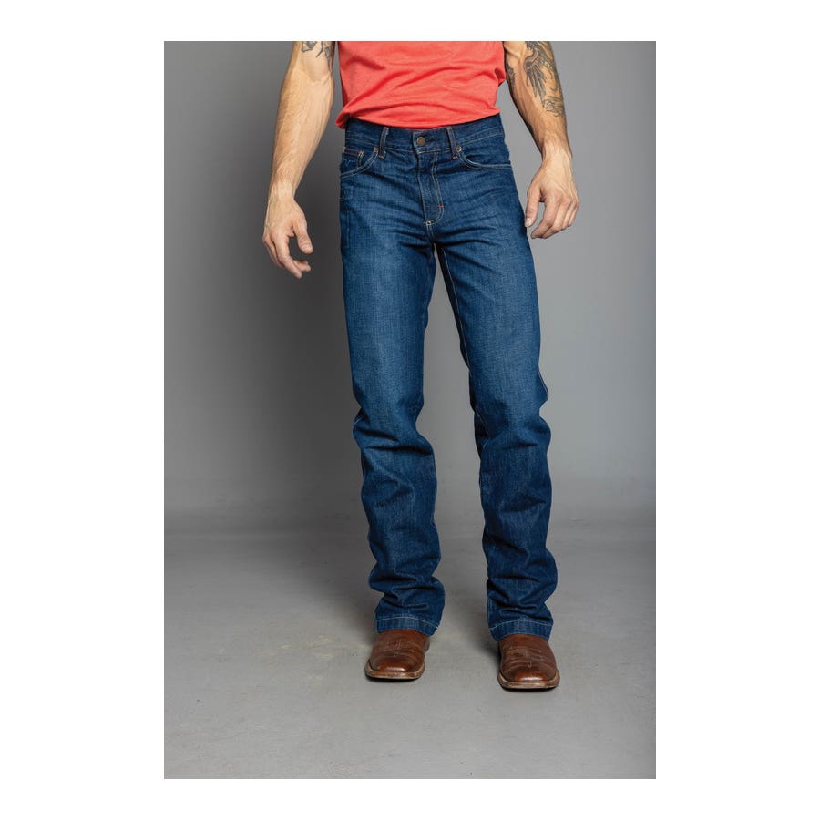 Kimes Ranch Jeans, 34 in Waist, 34 in L Inseam, Dark Wash Blue, Bootcut, Relaxed Fit
