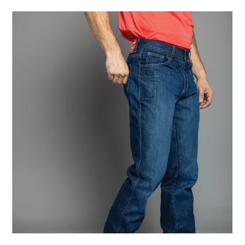 Kimes Ranch Jeans, 38 in Waist, 36 in L Inseam, Dark Wash Blue, Bootcut, Relaxed Fit