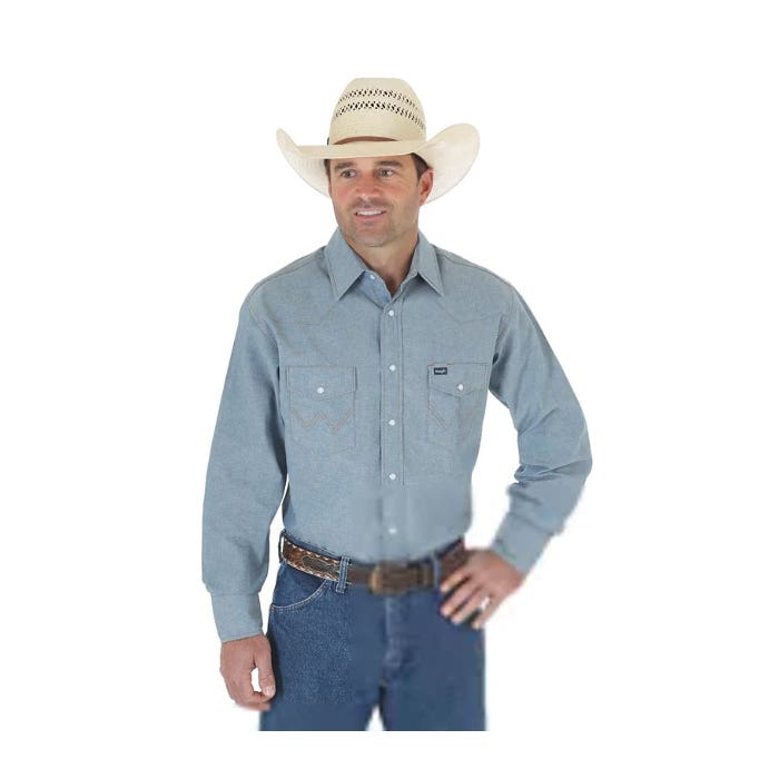 Wrangler Cowboy Cut Series MS70919-MR Western Shirt, M, Regular, Cotton, Chambray Blue, Spread Collar, Long Sleeve