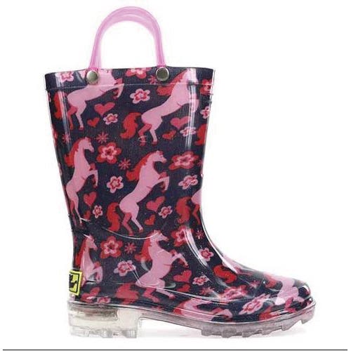 Western Chief 2412709P-8 Lighted Rain Boots, Girl's, 8, M W, Glitter Horse, Small Hearts and Flowers, Navy/Pink, PVC