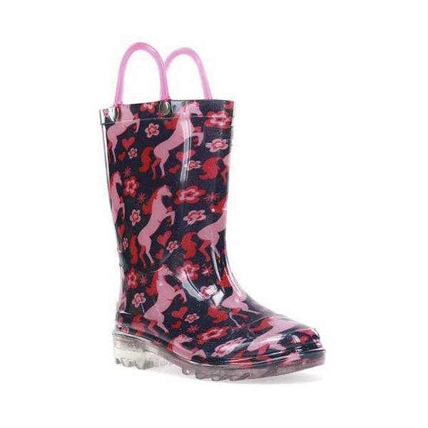 Western Chief 2412709P-8 Lighted Rain Boots, Girl's, 8, M W, Glitter Horse, Small Hearts and Flowers, Navy/Pink, PVC