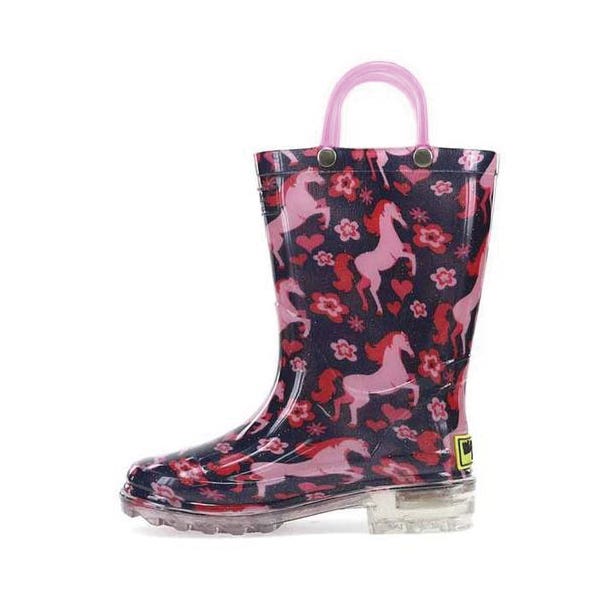 Western Chief 2412709P-8 Lighted Rain Boots, Girl's, 8, M W, Glitter Horse, Small Hearts and Flowers, Navy/Pink, PVC