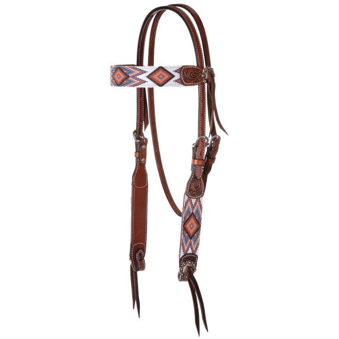 Circle Y Flat Browband Headstall, Horse, Classic Western, Double-Ply, Infinity Diamond Beaded, Leather
