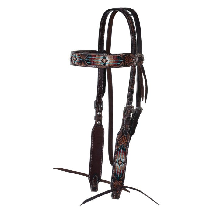 Circle Y Browband Headstall, Horse, Double-Ply, Filigree, Southwestern Beaded, Leather