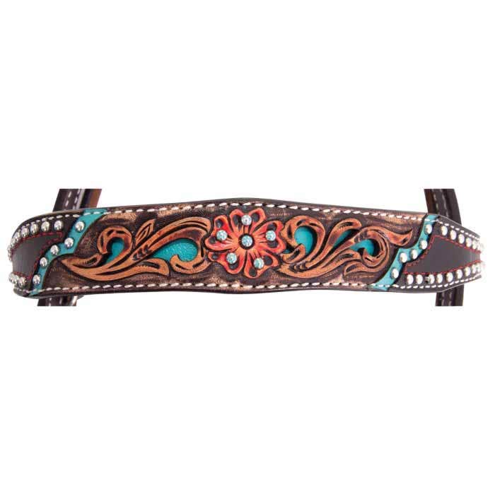 Reinsman Quick Flower Browband Headstall, Horse, Filigree, Leather, Chocolate/Turquoise Inlay