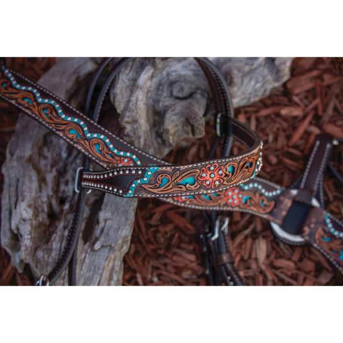 Reinsman Quick Flower Browband Headstall, Horse, Filigree, Leather, Chocolate/Turquoise Inlay