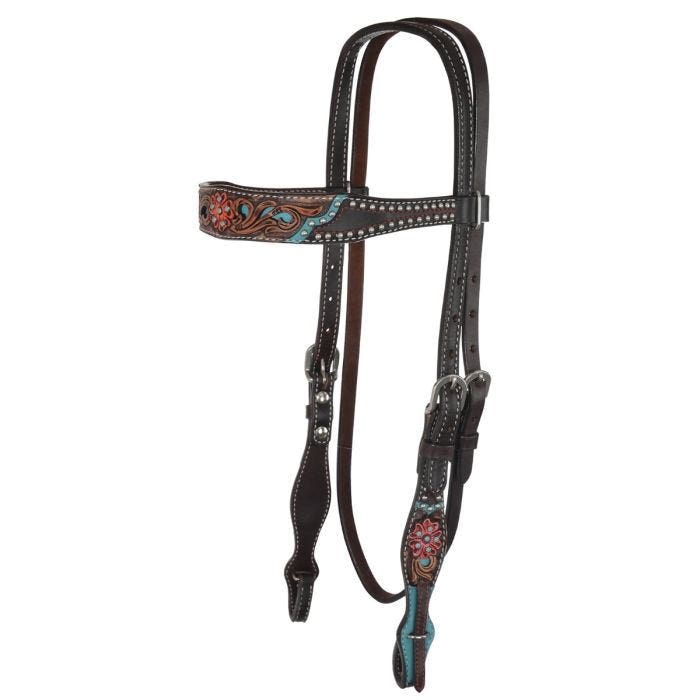 Reinsman Quick Flower Browband Headstall, Horse, Filigree, Leather, Chocolate/Turquoise Inlay