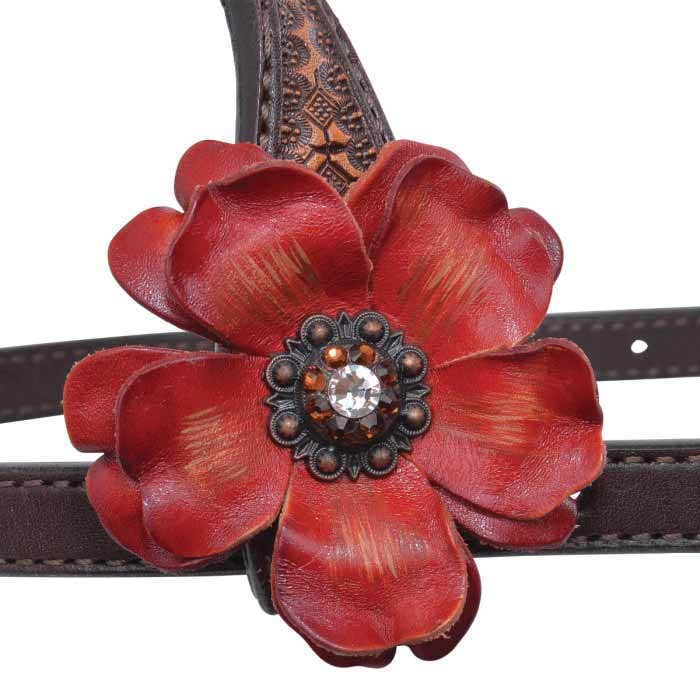 Circle Y Sarah Rose One Ear Headstall, Horse, Red Flower Conchos, Leather, Vintage