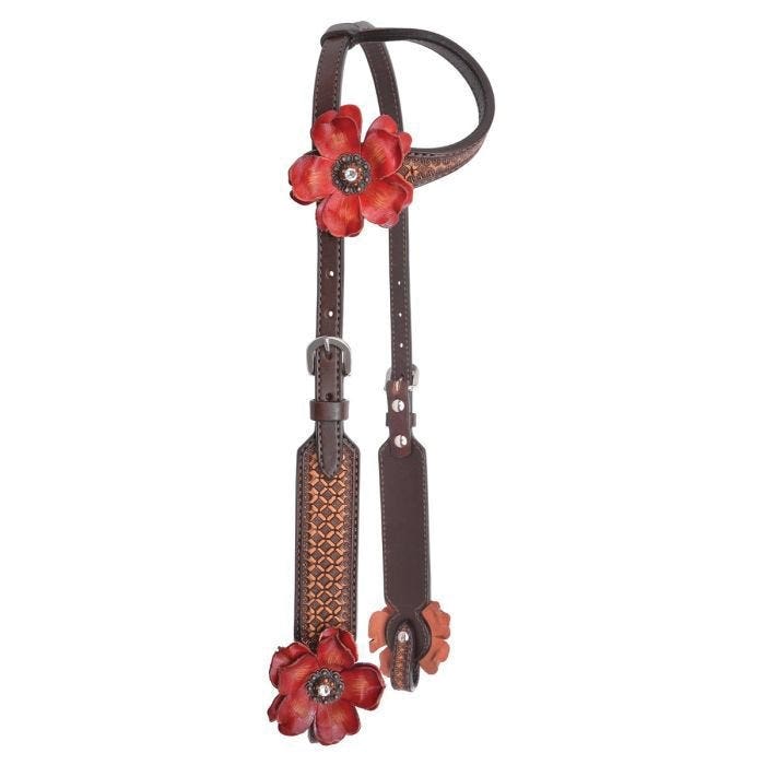 Circle Y Sarah Rose One Ear Headstall, Horse, Red Flower Conchos, Leather, Vintage