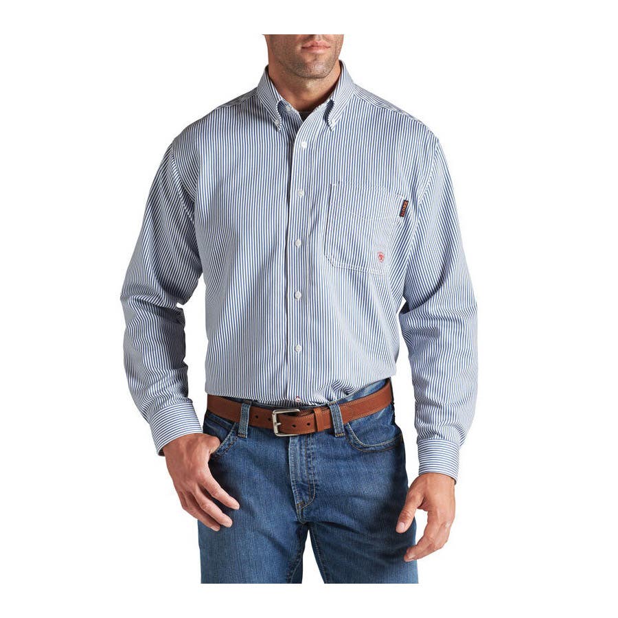 Ariat Men's FR Basic Series Work Shirt, XL, Cotton/Nylon, Bold Blue, Stripe, Button-Down, Long Sleeve, Button
