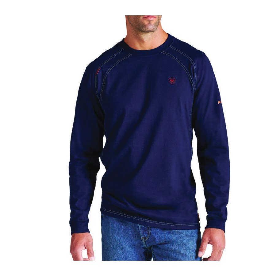 Ariat T-Shirt, XL, Tall, Cotton/Jersey, Navy, Crew Neck, Rib Knit, Long Sleeve