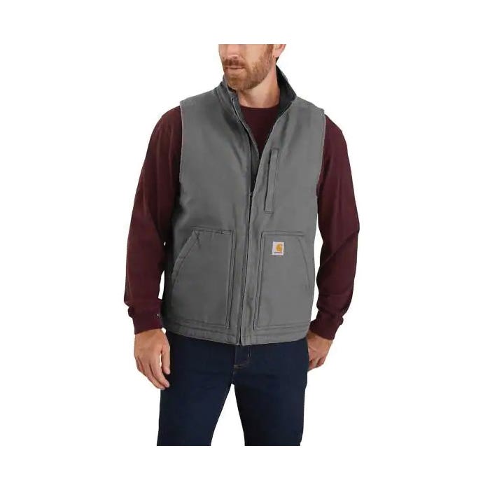 Carhartt Vest, 2XL, Regular, Cotton Duck, Gravel, Mock Neck Collar, Zipper Closure