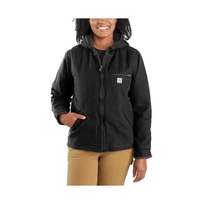 Carhartt Jacket, 2XL, Black, Hooded Collar, Zipper Closure, Regular