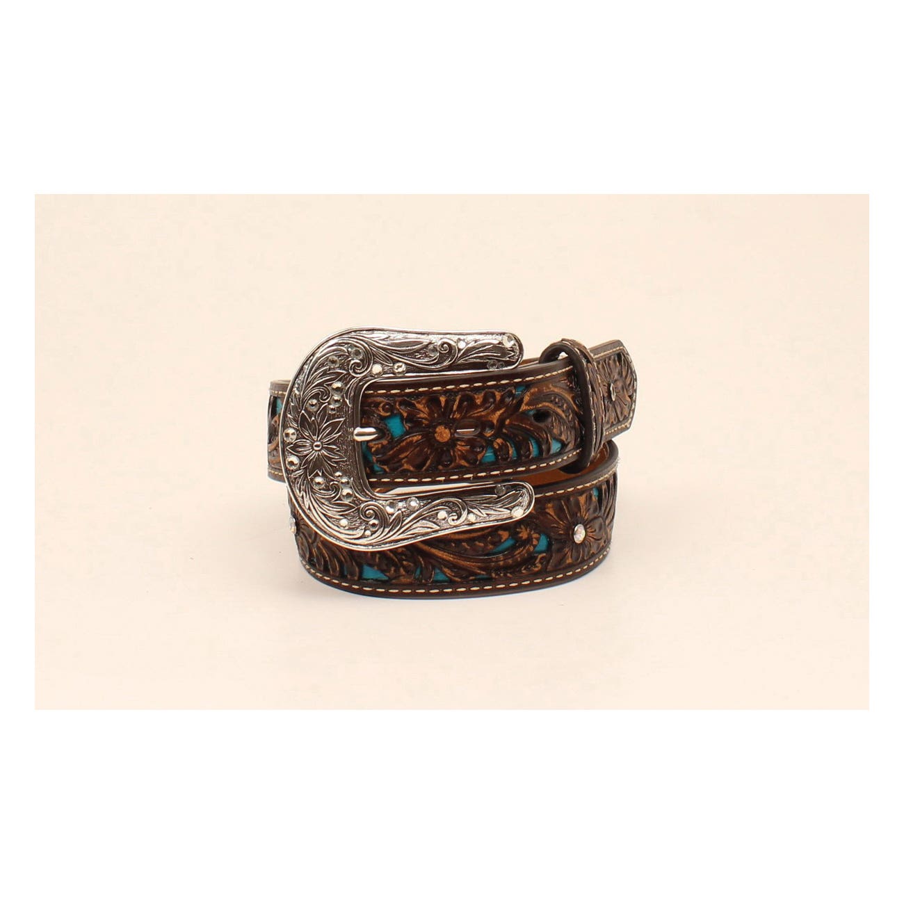 Ariat Western Belt, Girl's, Floral Etched Buckle, Silver Buckle, Leather, Blue, Buckle