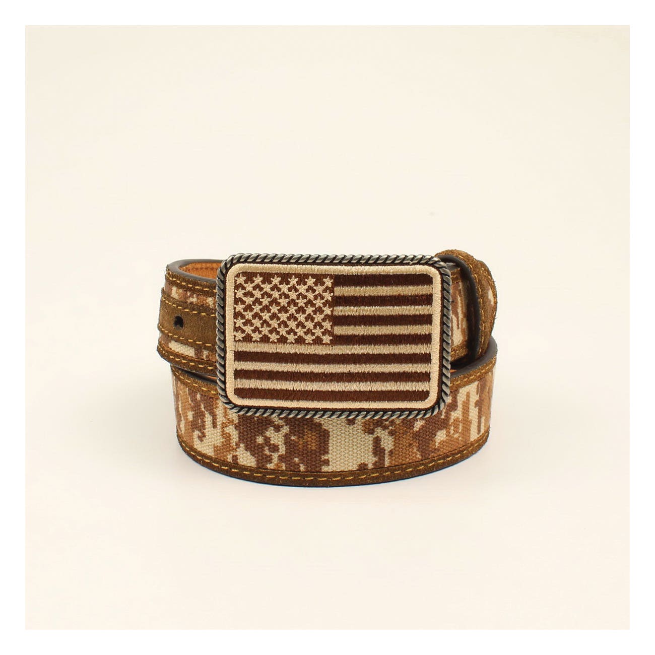 Ariat Western Belt, Boy's, Silver Rope Border, USA Flag Buckle, Leather, Medium Brown, Buckle