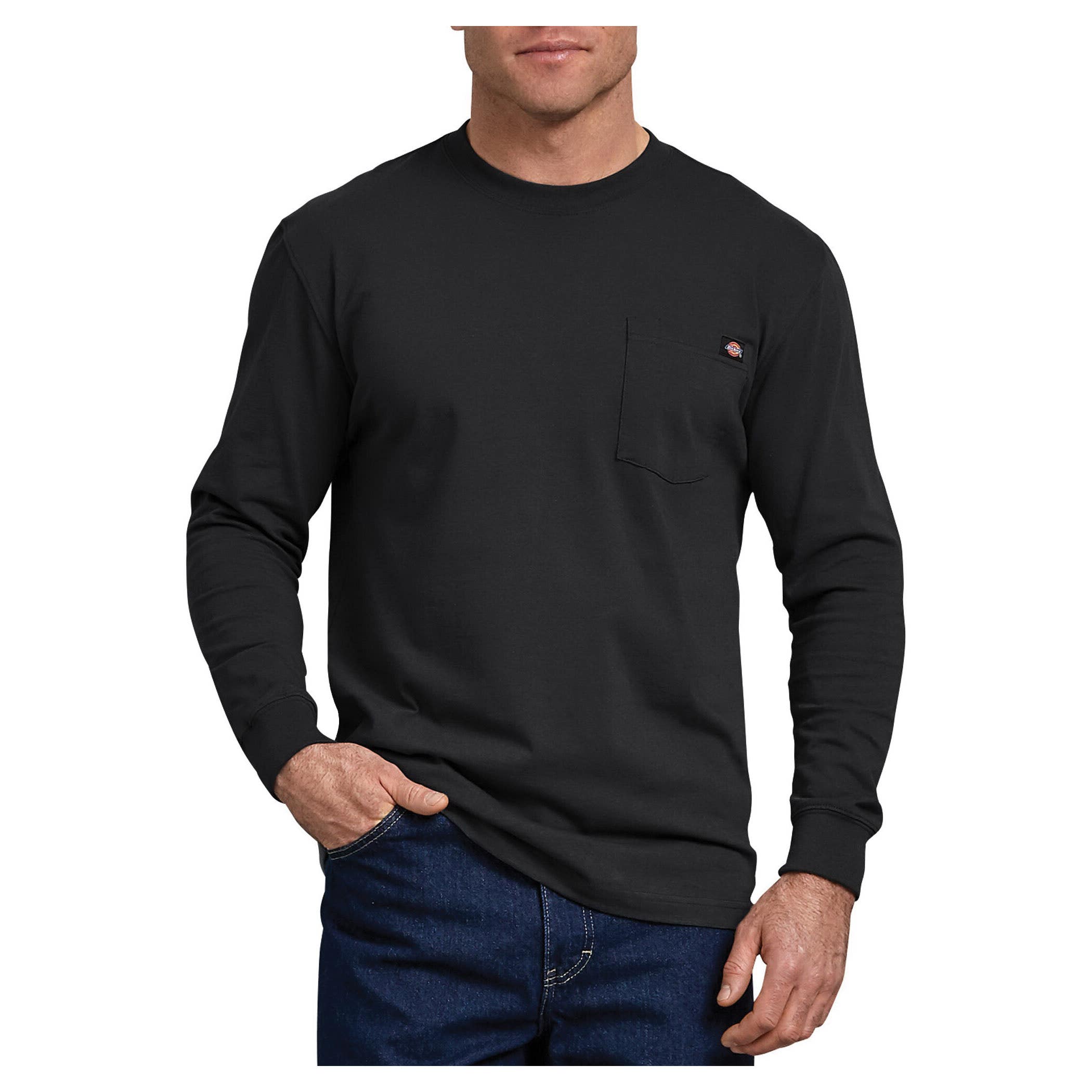 Dickies T-Shirt, M, Cotton, Black, Crew Neck Collar, Long Sleeve
