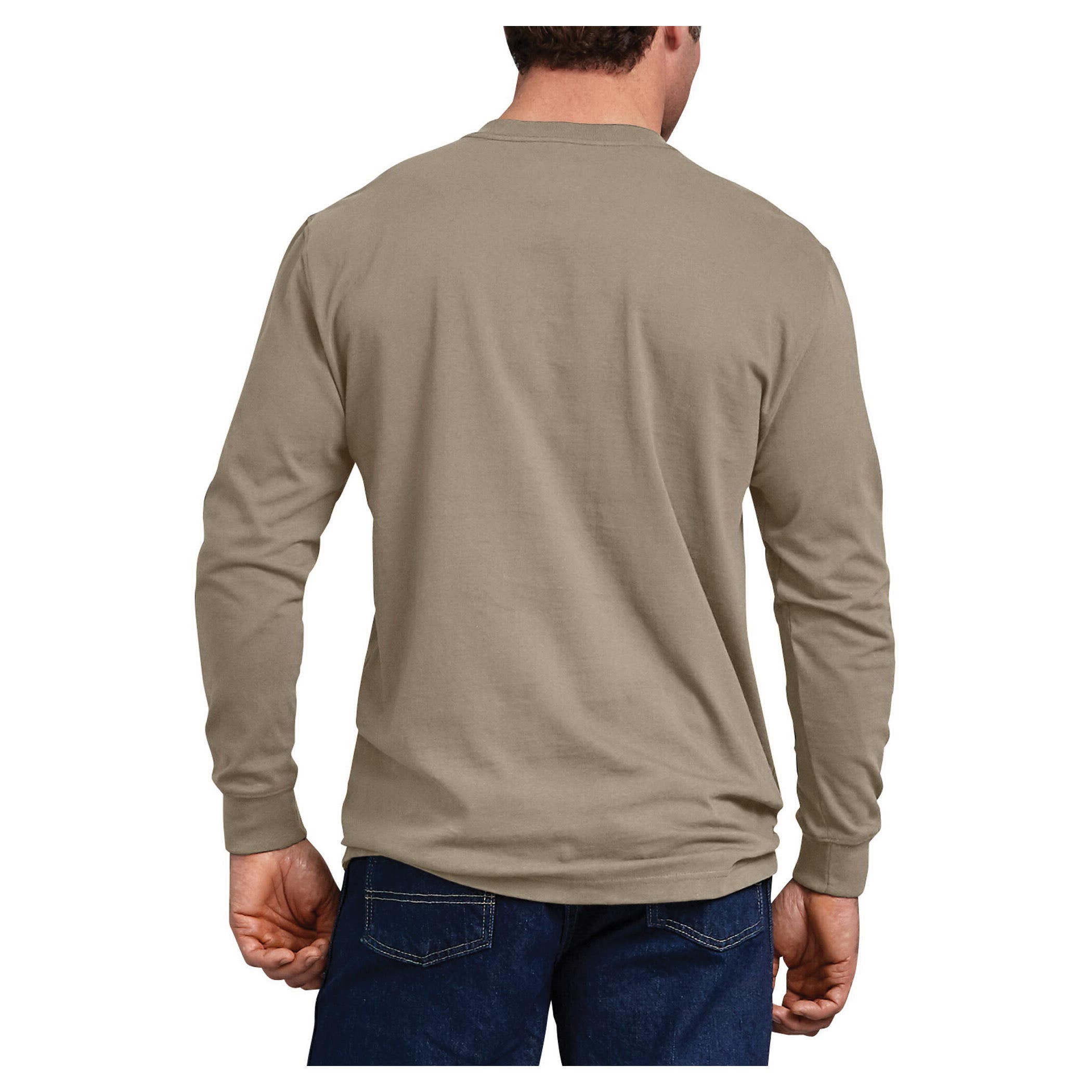 Dickies T-Shirt, XL, Cotton, Desert Khaki, Crew Neck Collar, Long Sleeve