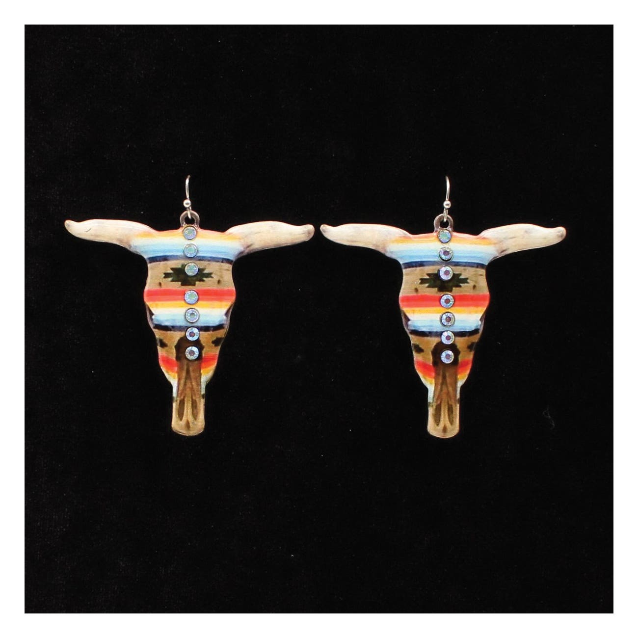 Blazin Roxx Earrings, Dangle, Aztec Bull Skull, Rhinestone Gemstone