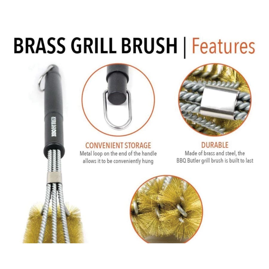 Bear Paw Grill Brush, 6 in L Brush, 2-3/4 in W Brush, Brass Bristle, 17 in L