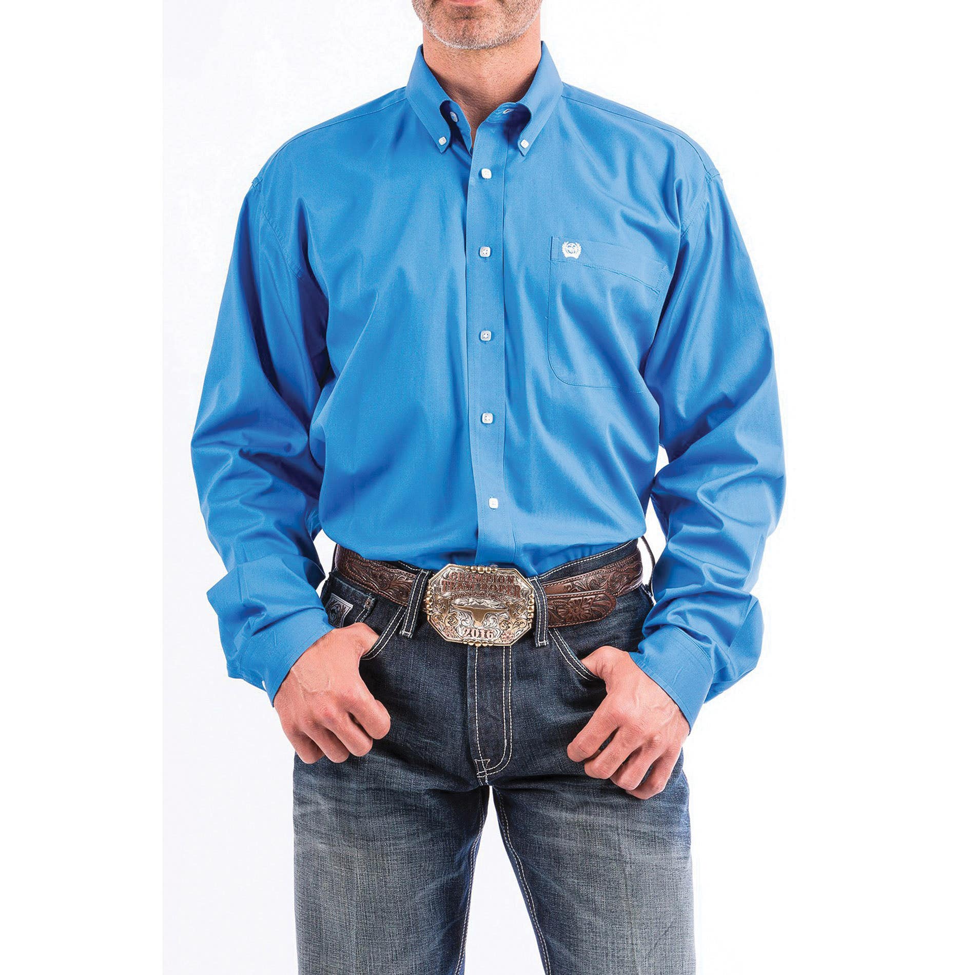 Cinch Western Shirt, M, Solid Blue, Solid, Long Sleeve, Classic, Button