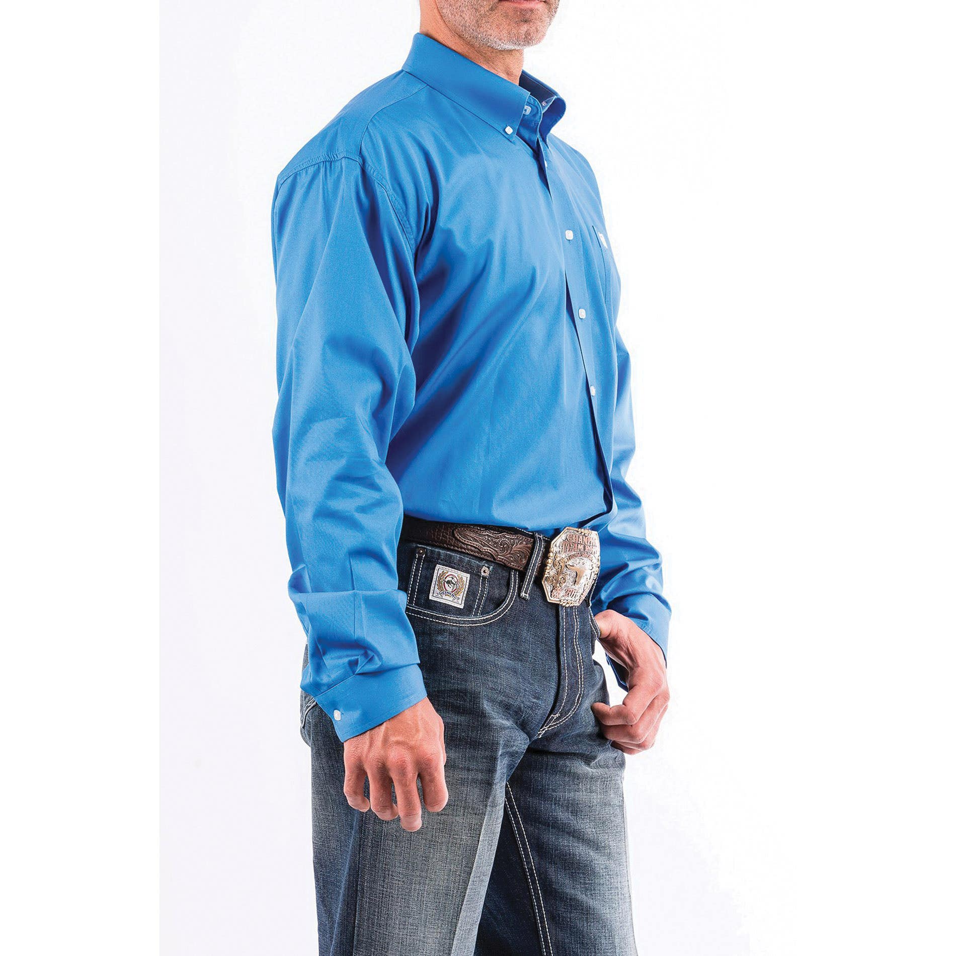 Cinch Western Shirt, L, Solid Blue, Solid, Long Sleeve, Classic, Button