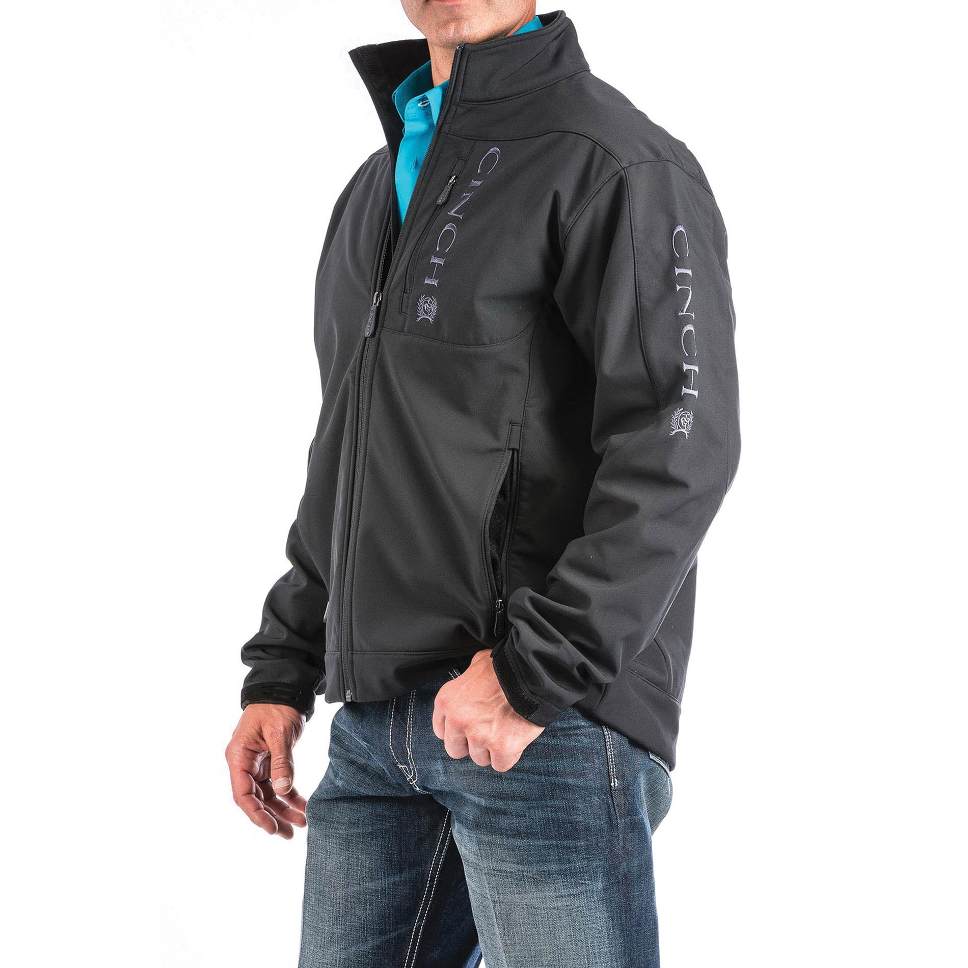 Cinch Softshell Jacket, 2XL, Polyester, Black, High-Rise, Zipper, Regular