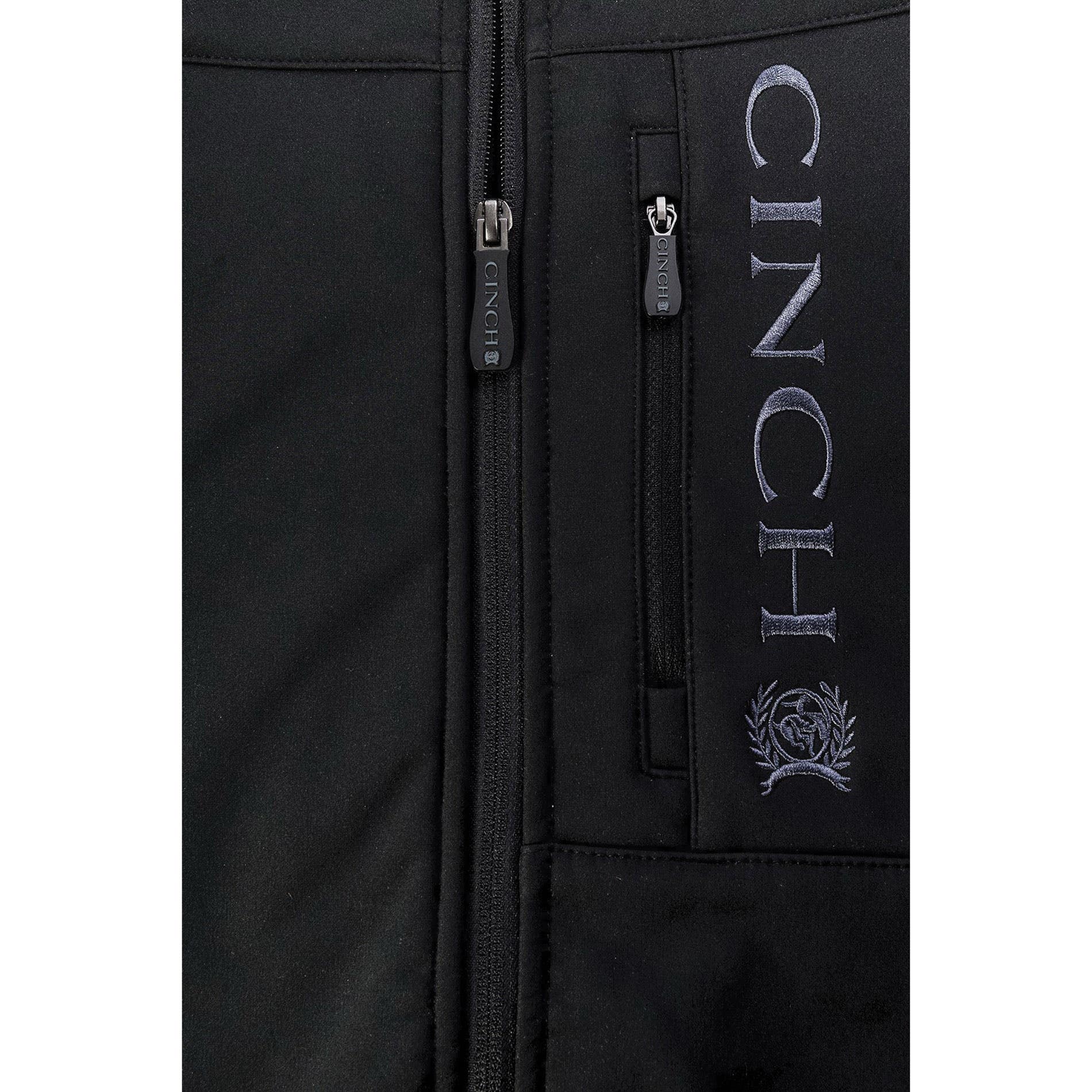 Cinch Softshell Jacket, XL, Polyester, Black, High-Rise, Zipper, Regular