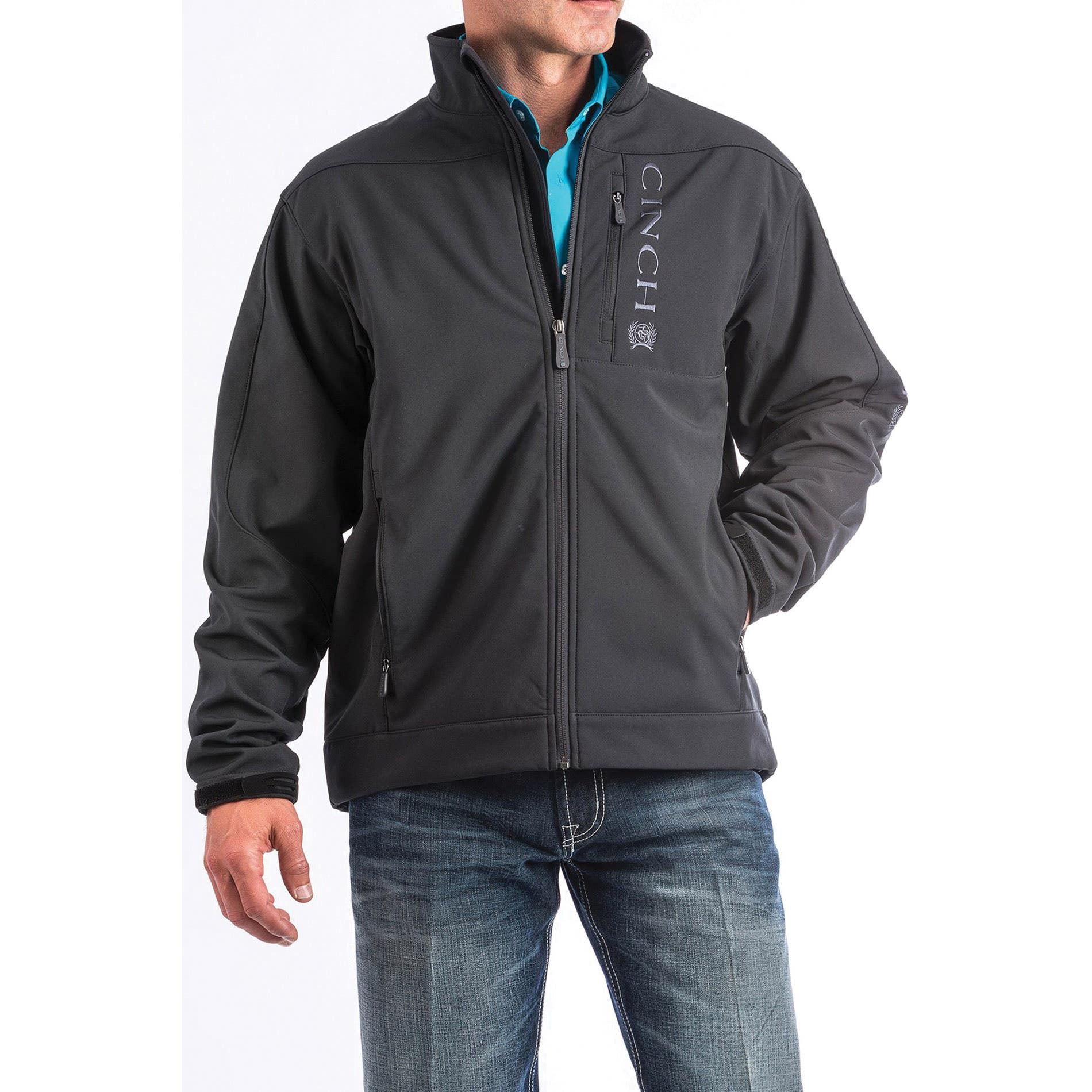 Cinch Softshell Jacket, XL, Polyester, Black, High-Rise, Zipper, Regular