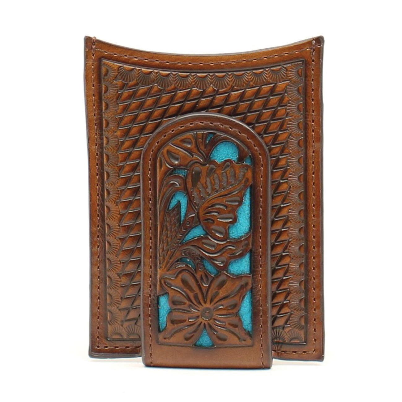 Nocona Money Clip Wallet, Men's, Basket Weave, Floral Overlay, Blue