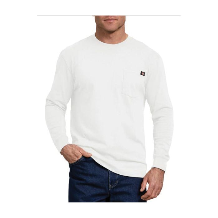 Dickies T-Shirt, L, Cotton, White, Solid Print/Pattern, Crew Neck Collar, Long Sleeve, Spacious Fit