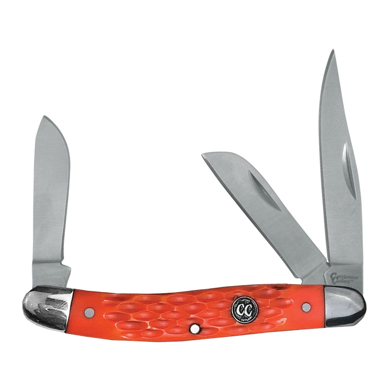 Cattleman Stockman Series CC0001JOD Pocket Knife, Stainless Steel Blade, 3-Blade, Jigged Handle, Orange Handle