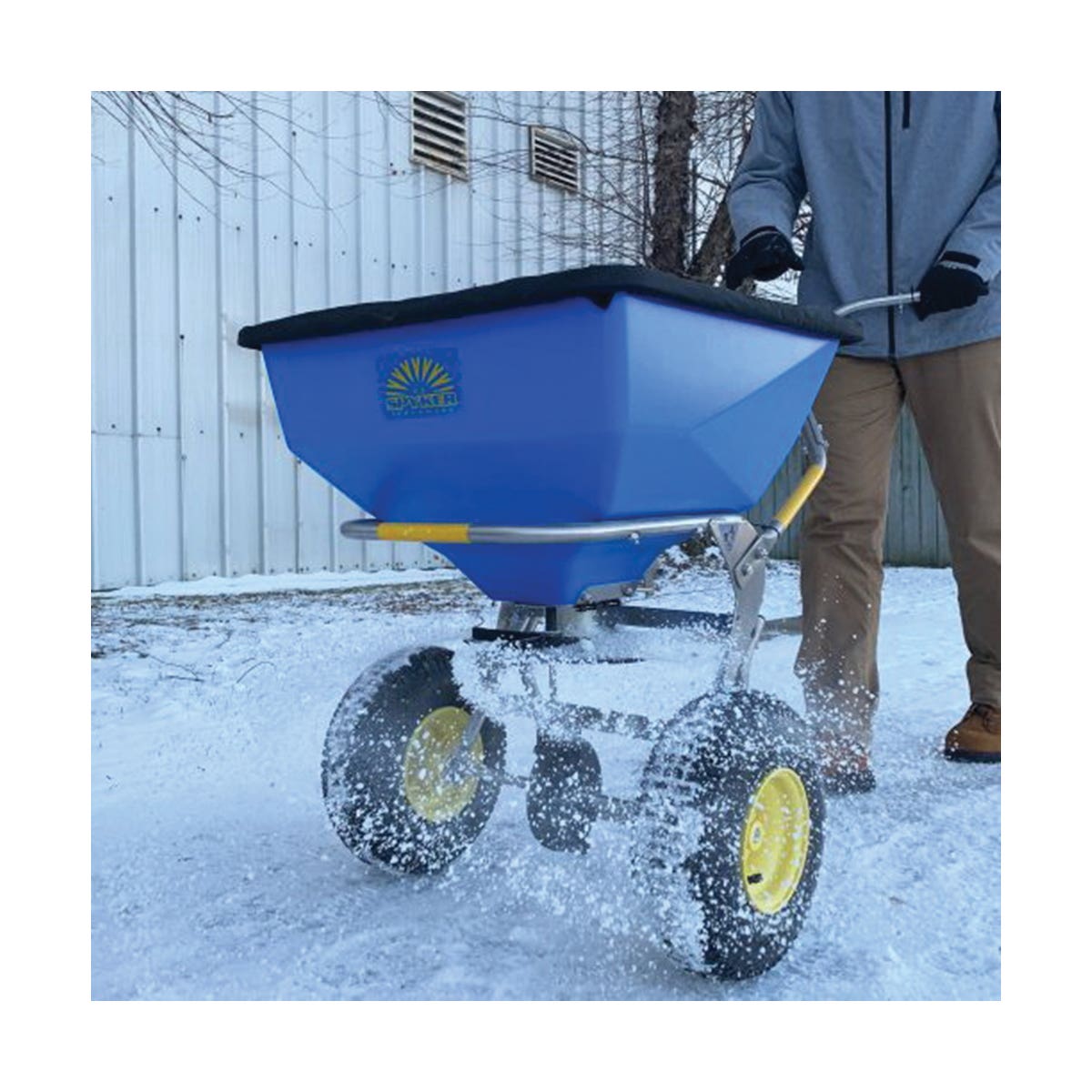 Spyker Spreaders SPY100-1S Walk Behind Spreader, 4 to 12 ft W Spread, 100 lb, Stainless Steel Frame, Pneumatic Wheel