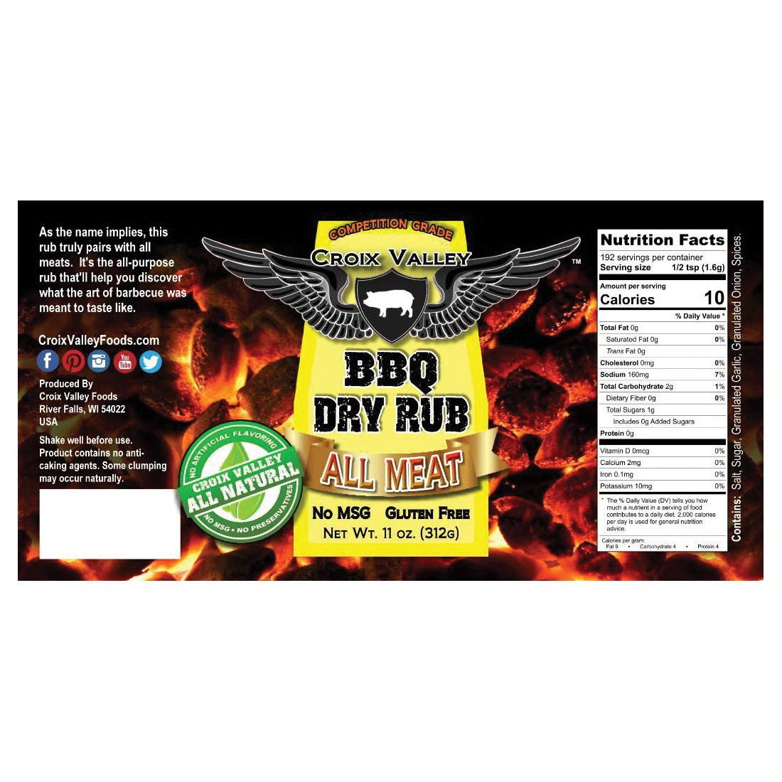 Croix Valley All-Meat BBQ Rub, Dry, 11 oz