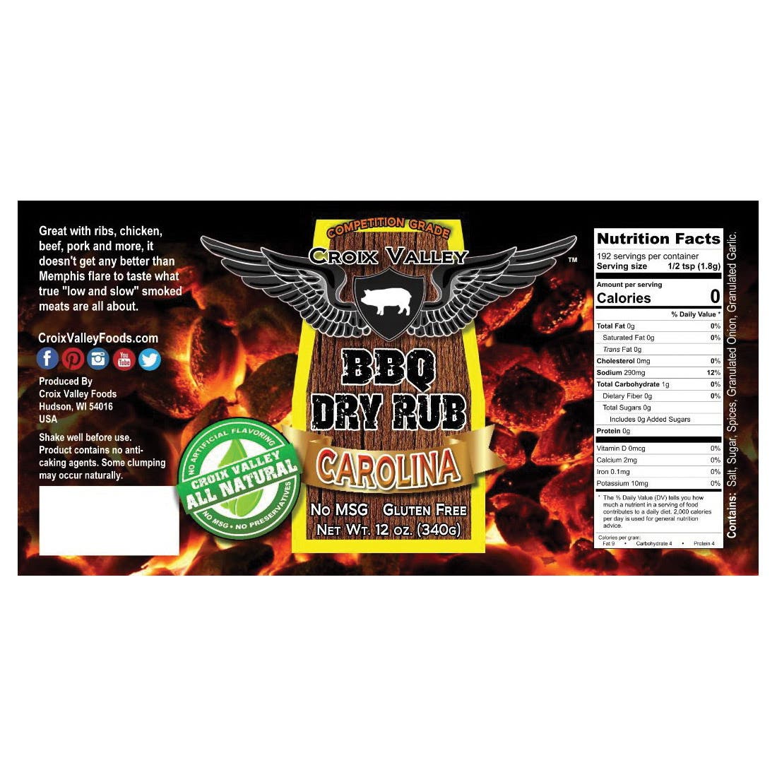 Croix Valley Carolina BBQ Rub, Dry, 12 oz