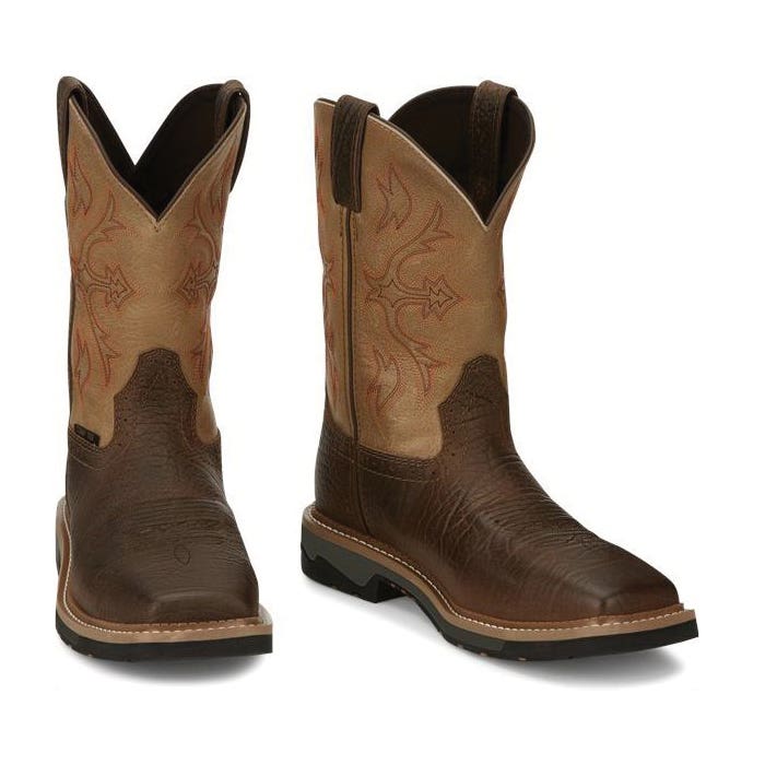 Justin Stampede Series Work Boots, 9.5, EE W, Buff Brown/Pecan, Leather Upper