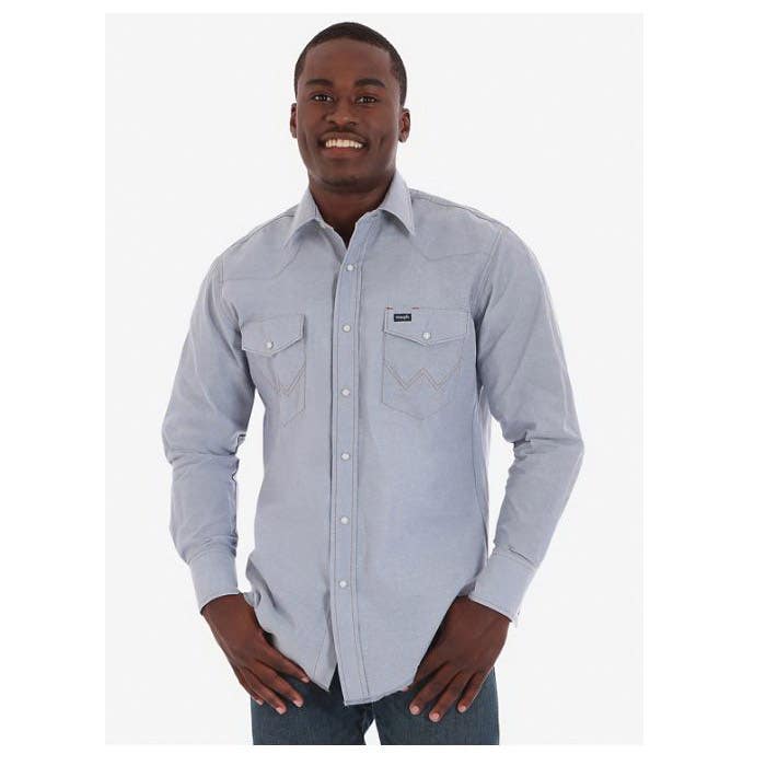 Wrangler Cowboy Cut Series 70130MW-14.5X33 Western Shirt, S, Regular, Cotton/Polyester, Chambray, Solid Print/Pattern