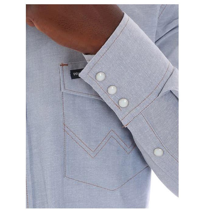 Wrangler Cowboy Cut Series 70130MW-14.5X33 Western Shirt, S, Regular, Cotton/Polyester, Chambray, Solid Print/Pattern