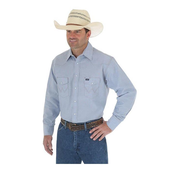 Wrangler Cowboy Cut Series 70130MW-14.5X33 Western Shirt, S, Regular, Cotton/Polyester, Chambray, Solid Print/Pattern