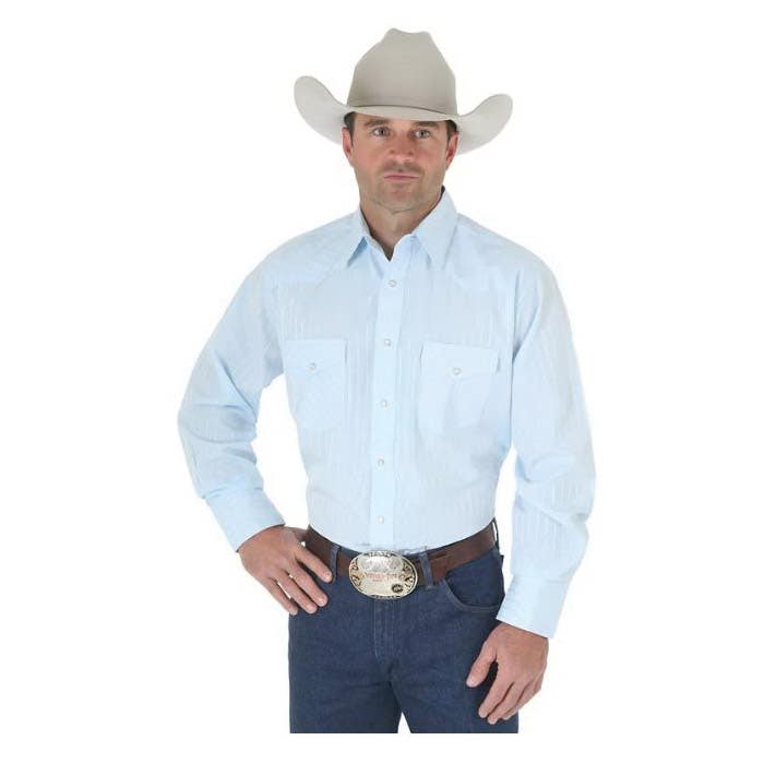Wrangler 75222BL-LT Western Shirt, L, Tall, Cotton/Polyester, Blue, Dobby Stripe Print/Pattern, Spread Collar