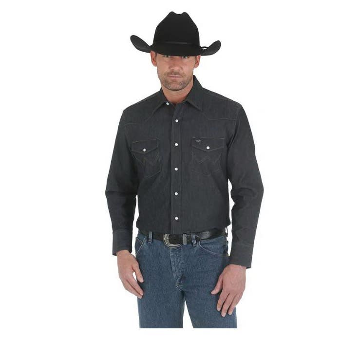 Wrangler MACW01D-2XL Shirt, 2XL, Regular, Cotton/Spandex, Denim, Solid Print/Pattern, Spread Collar, Long Sleeve
