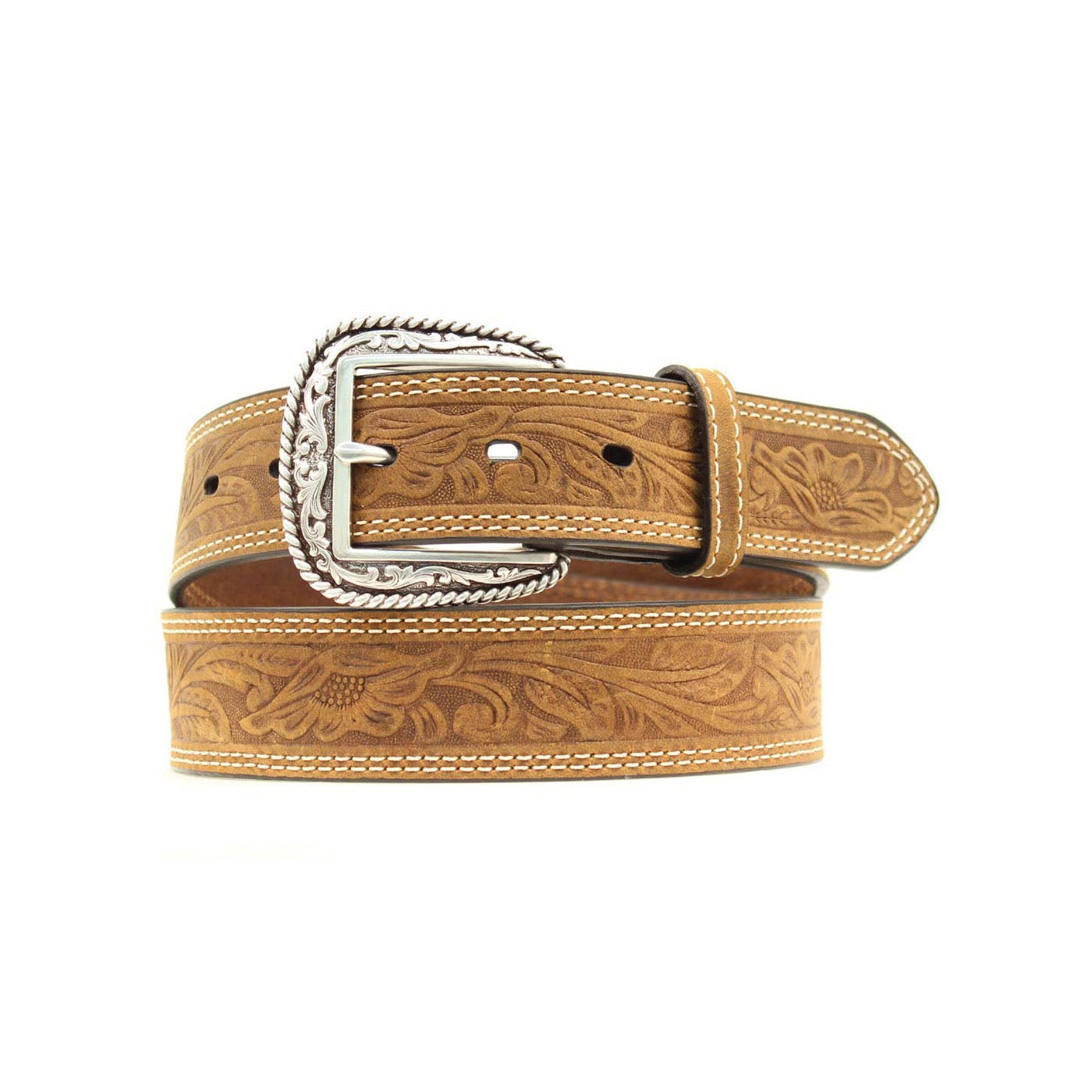 Ariat Belt, Men's, 36 in, Western Etched Buckle, Silver Buckle, Leather, Brown, Buckle