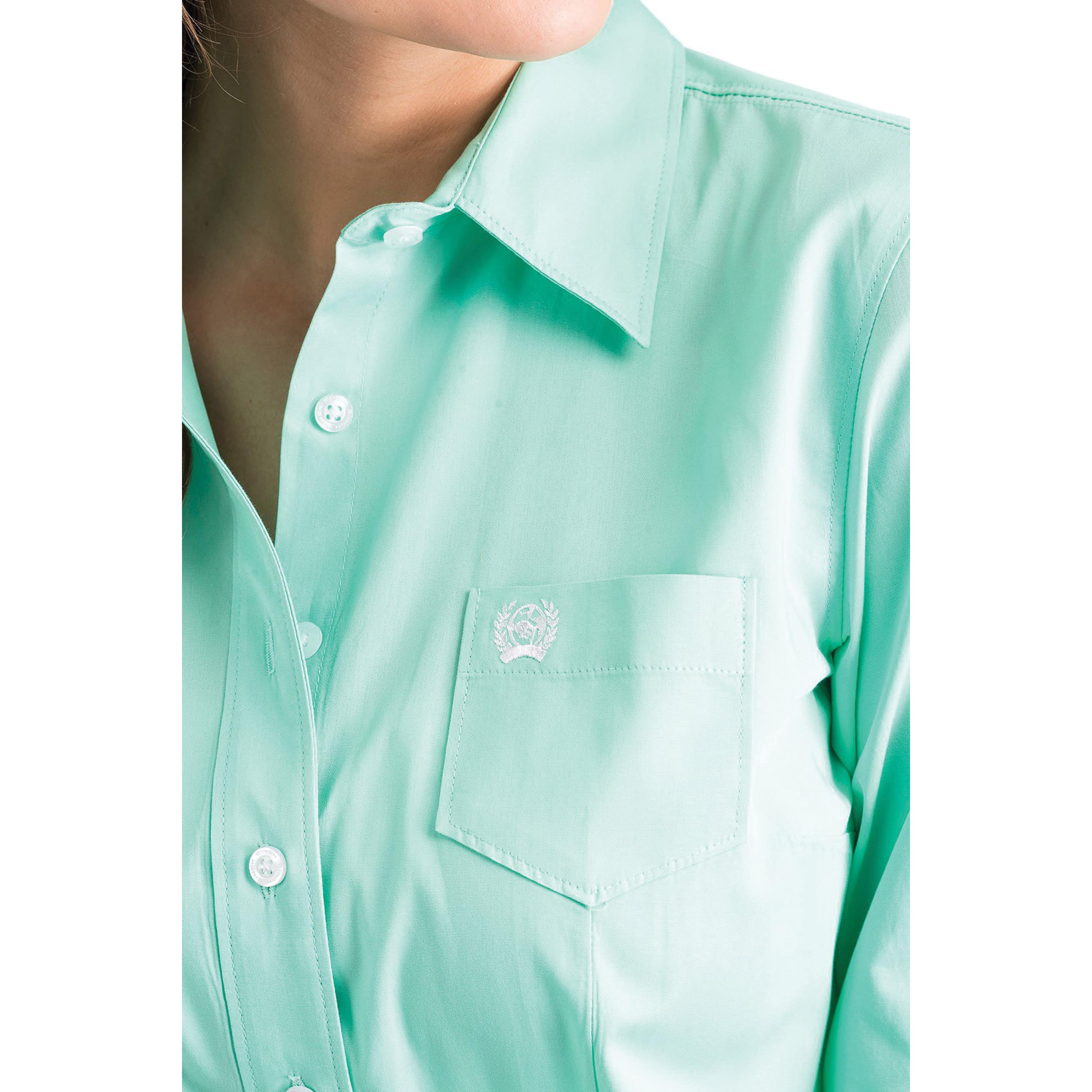 Cinch Shirt, M, Cotton, Solid Green, Long Sleeve, Button