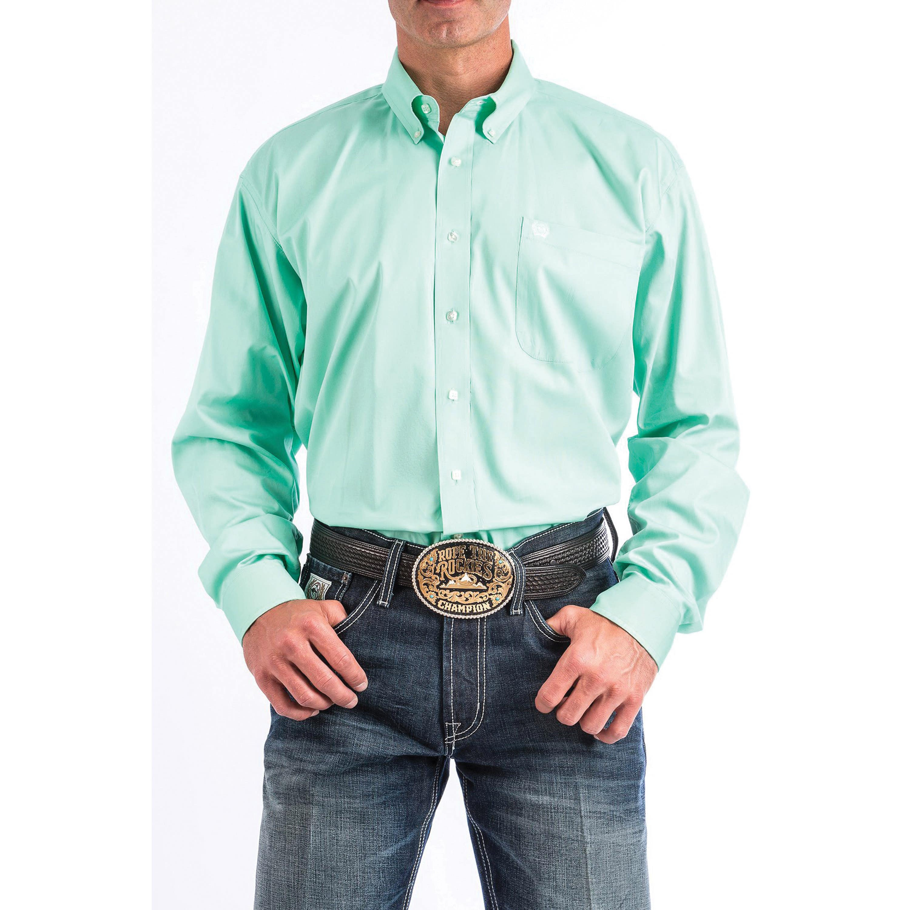 Cinch Western Shirt, S, Cotton, Solid Mint Green, Button-Down, Long Sleeve, Classic, Button