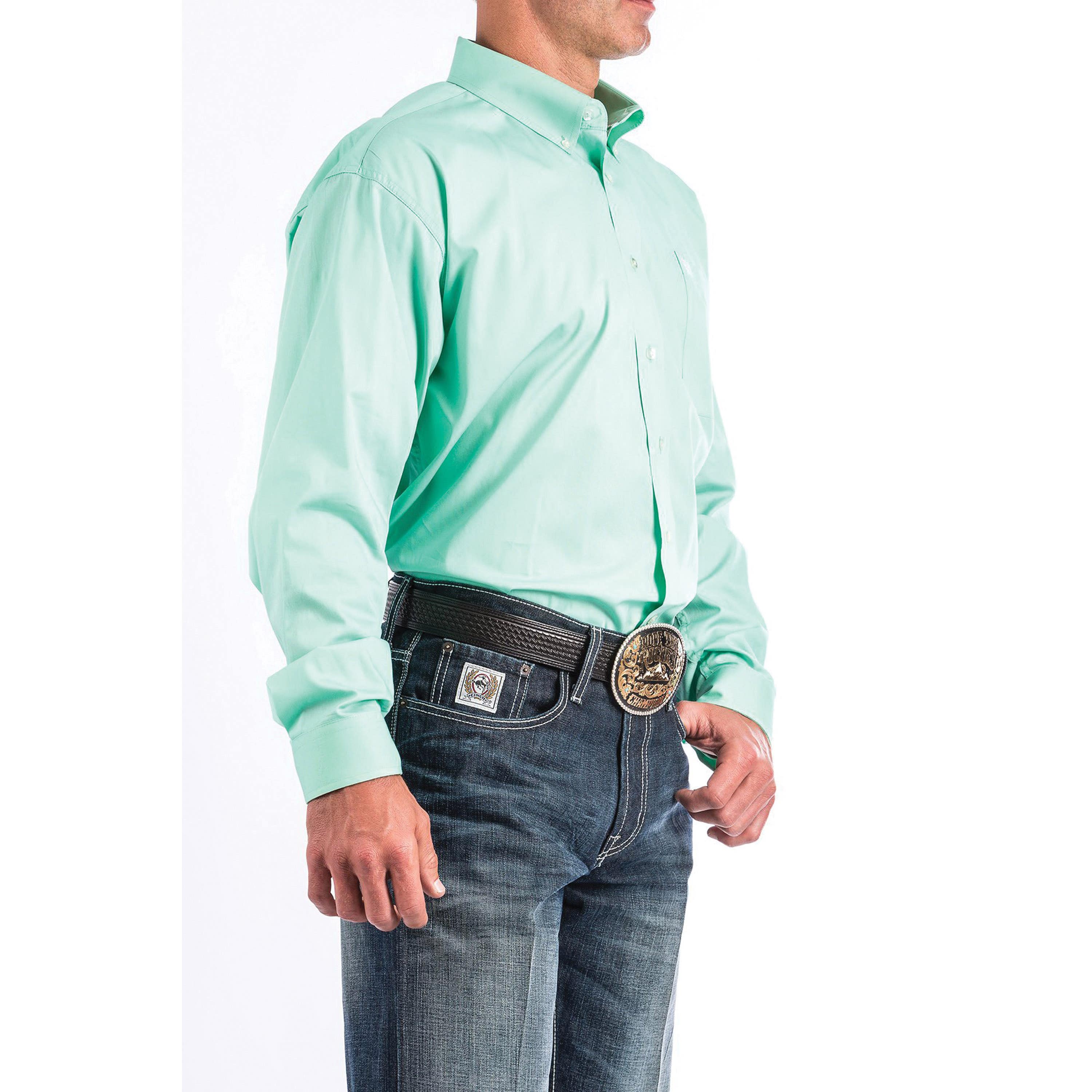 Cinch Western Shirt, L, Cotton, Solid Mint Green, Button-Down, Long Sleeve, Classic, Button