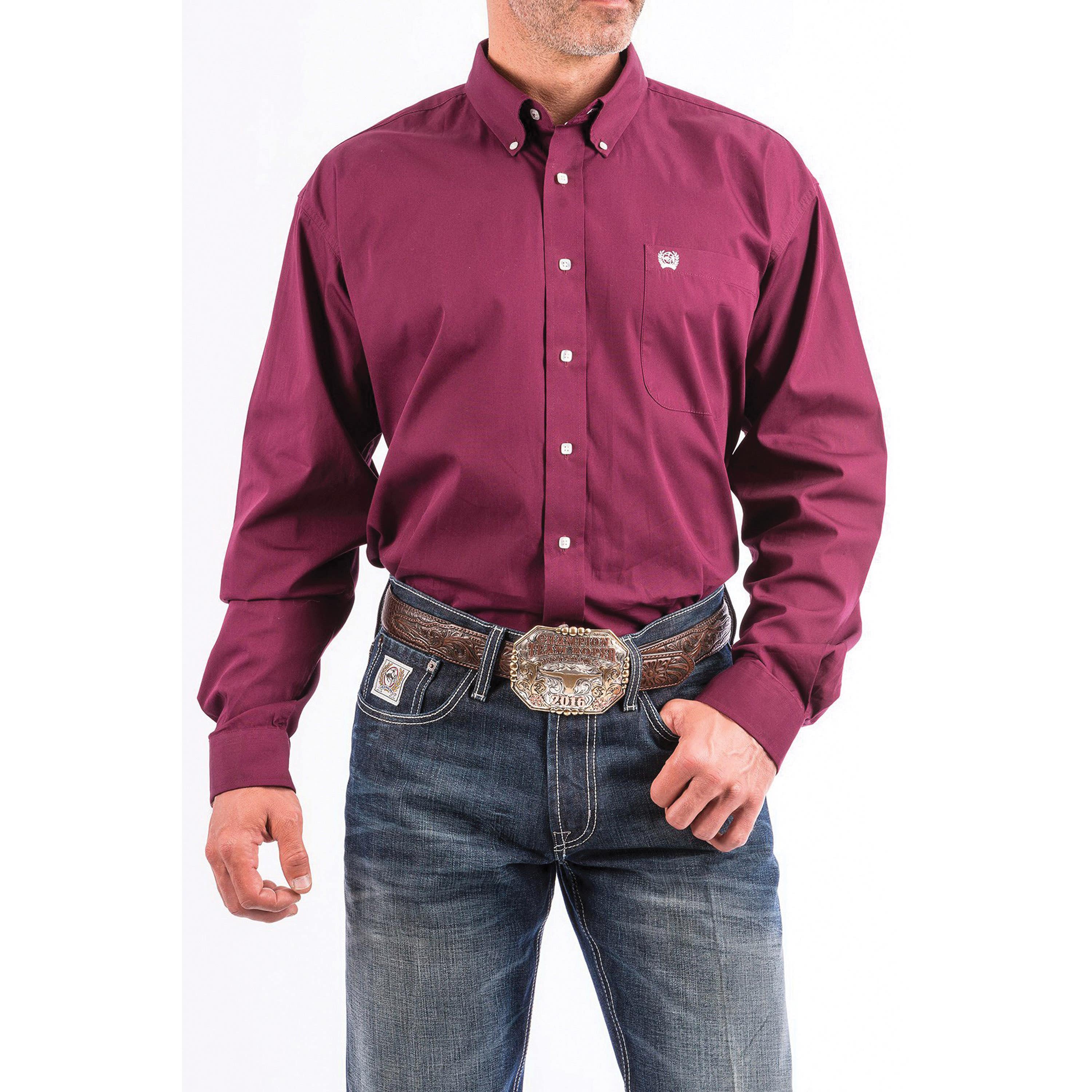 Cinch Western Shirt, 2XL, Cotton, Solid Burgundy, Long Sleeve, Classic, Button