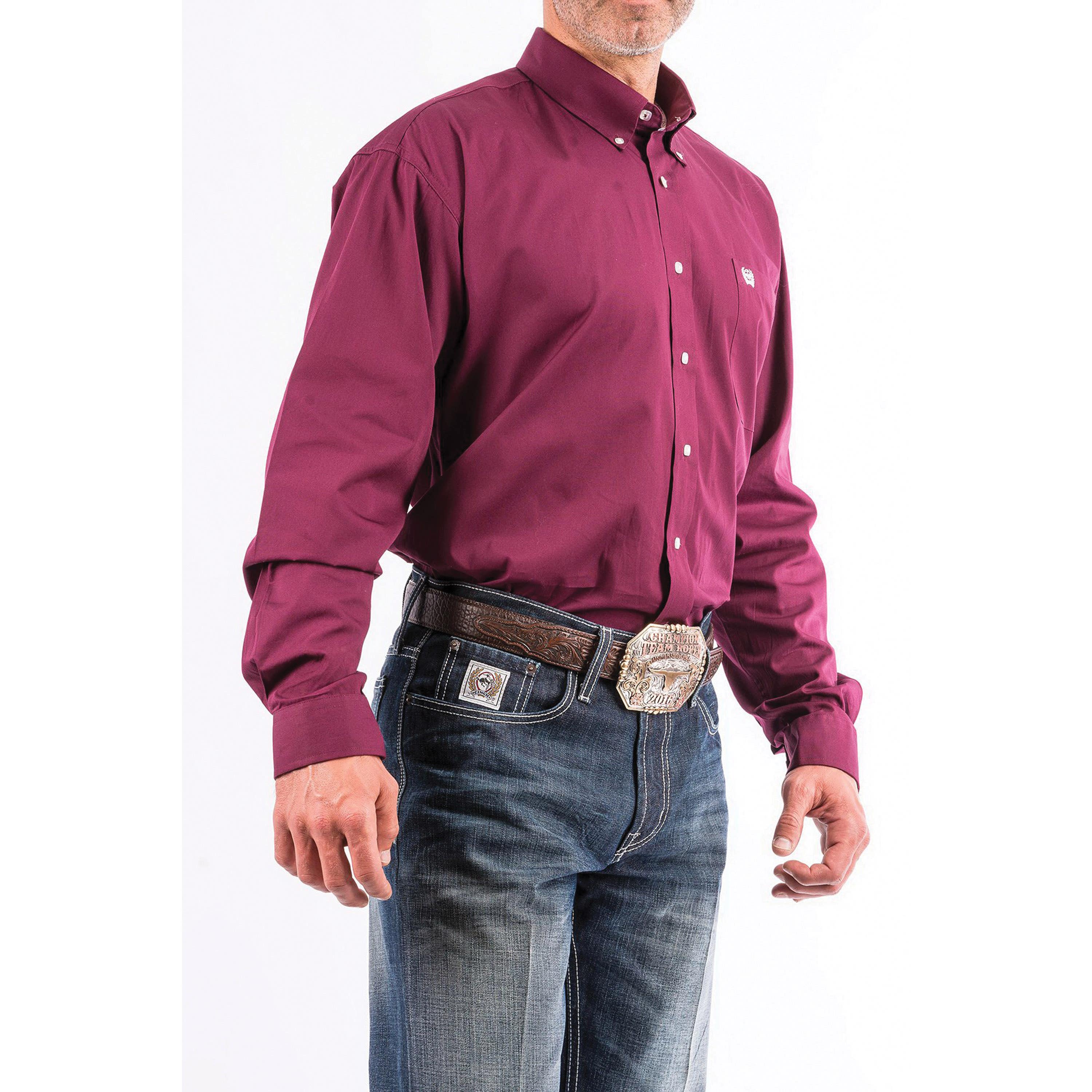 Cinch Western Shirt, S, Cotton, Solid Burgundy, Long Sleeve, Classic, Button