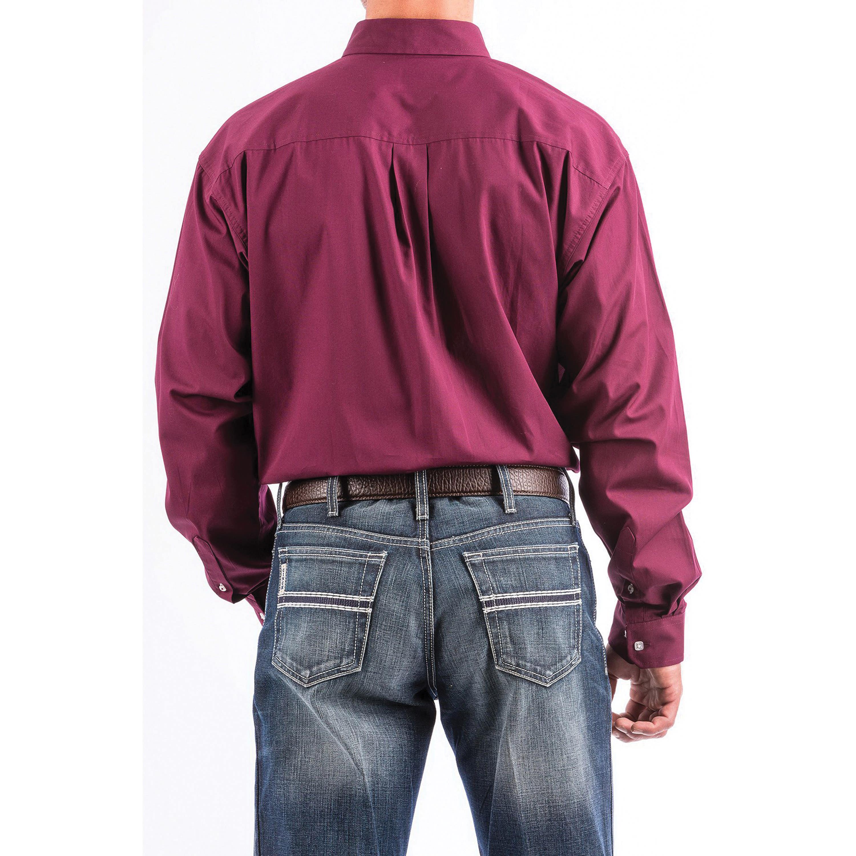 Cinch Western Shirt, 2XL, Cotton, Solid Burgundy, Long Sleeve, Classic, Button