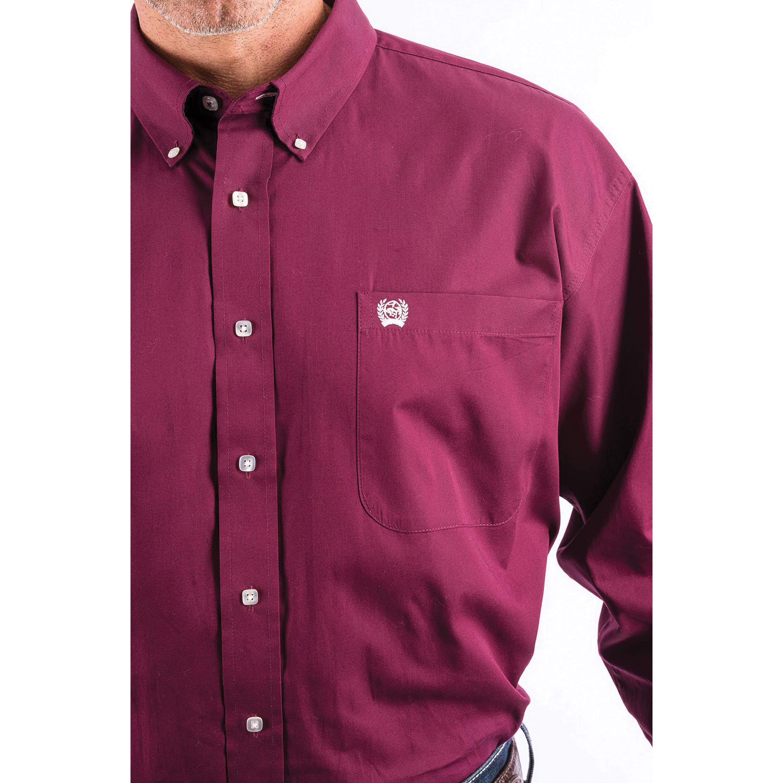 Cinch Western Shirt, 2XL, Cotton, Solid Burgundy, Long Sleeve, Classic, Button