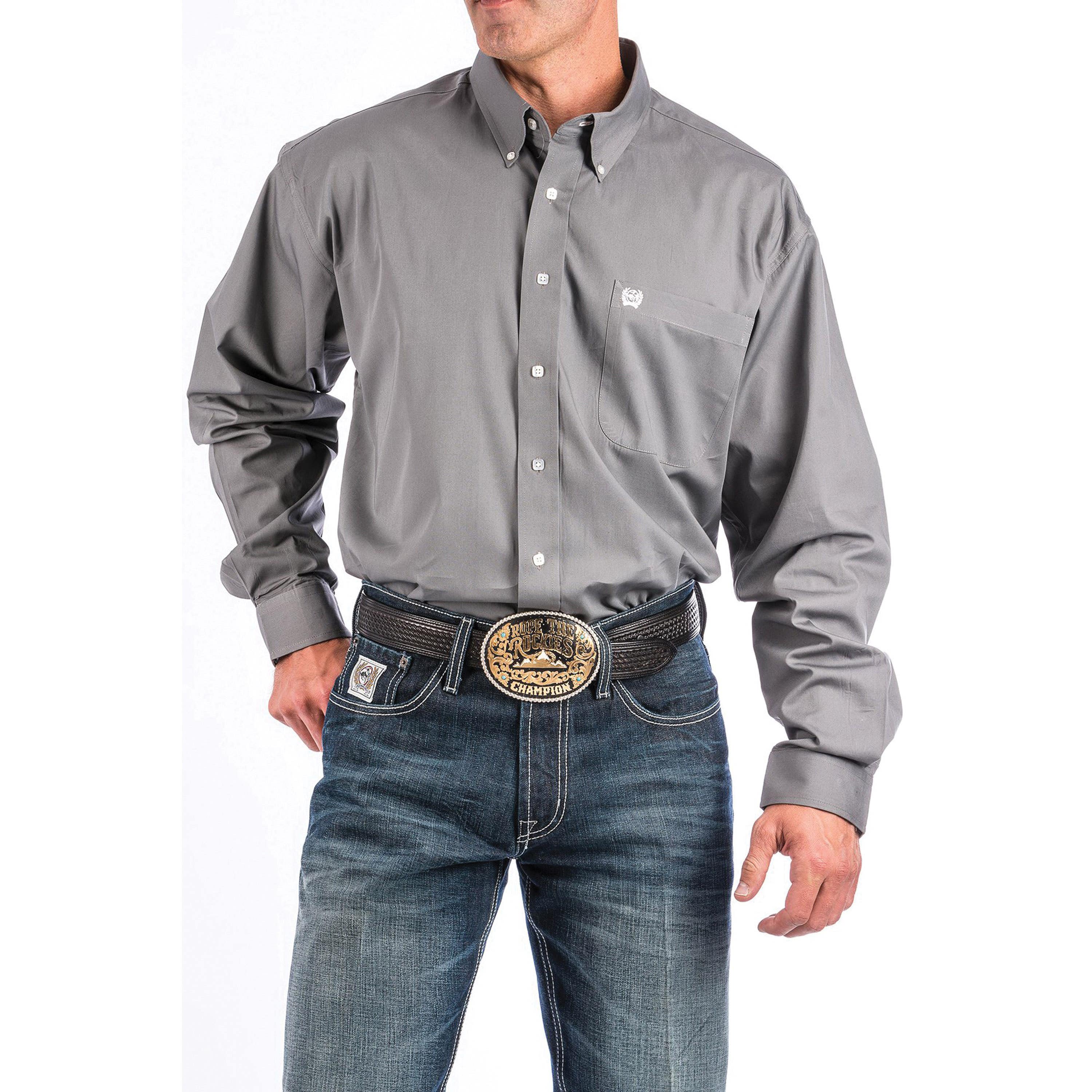 Cinch Western Shirt, L, Cotton, Solid Gray, Button-Down, Long Sleeve, Classic, Button