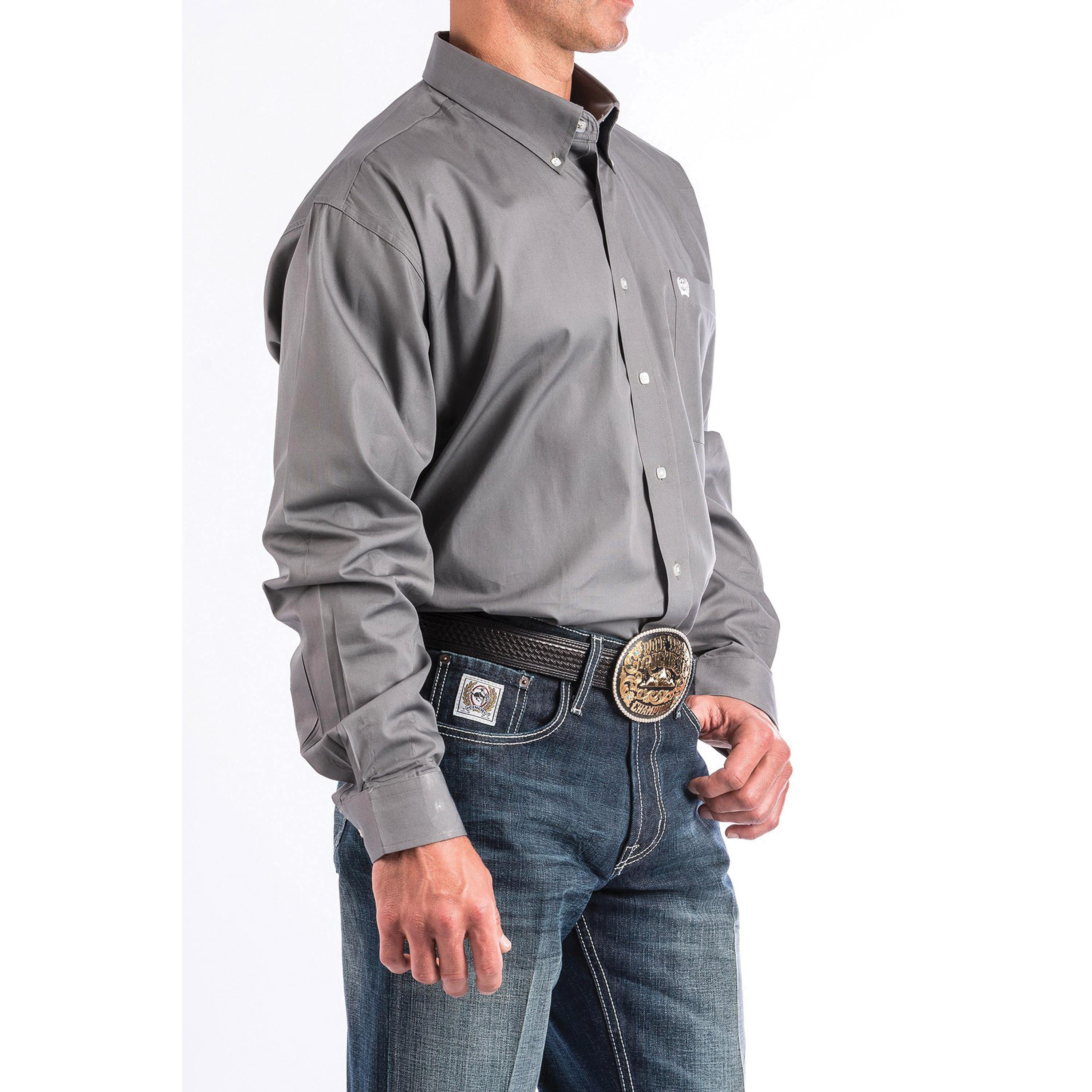 Cinch Western Shirt, L, Cotton, Solid Gray, Button-Down, Long Sleeve, Classic, Button